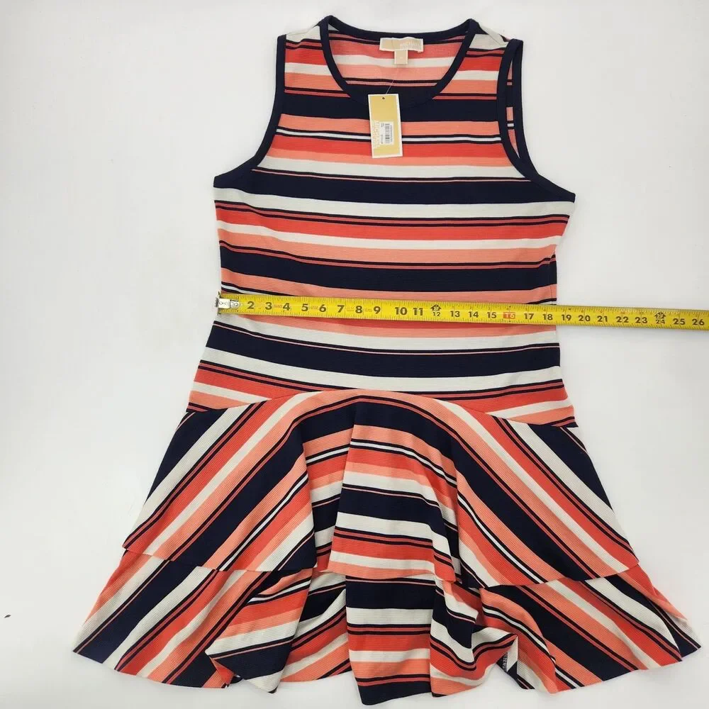 Michael Kors Drop Waist Dress Size XL Pink Blue Stripes Flounce Ruffle Preppy